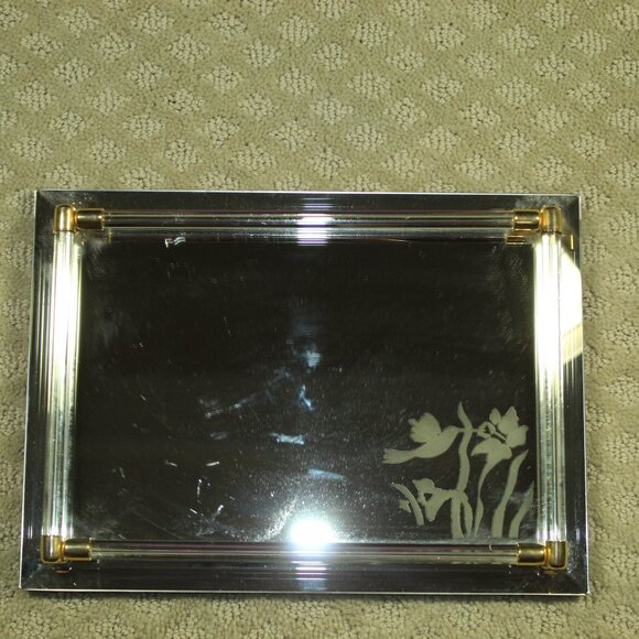 Vintage Beveled Mirrored Vanity Tray Mirror Lucite Rails Hummingbirds Flowers - Picture 2 of 8